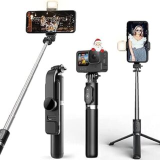 R1s Bluetooth Selfie Sticks with Remote and Selfie Light, 3-in-1 Multifunctional Selfie Stick Tripod Stand Compatible with iPhone/OnePlus/Samsung/Realme & All Smartphones/Go Pro (Black)