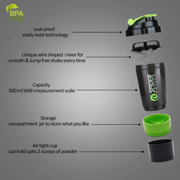 Glenora Spider gym shaker bottle for protein shake with 2 Storage Compartment 500 ml 500 ml Shaker - Image 3